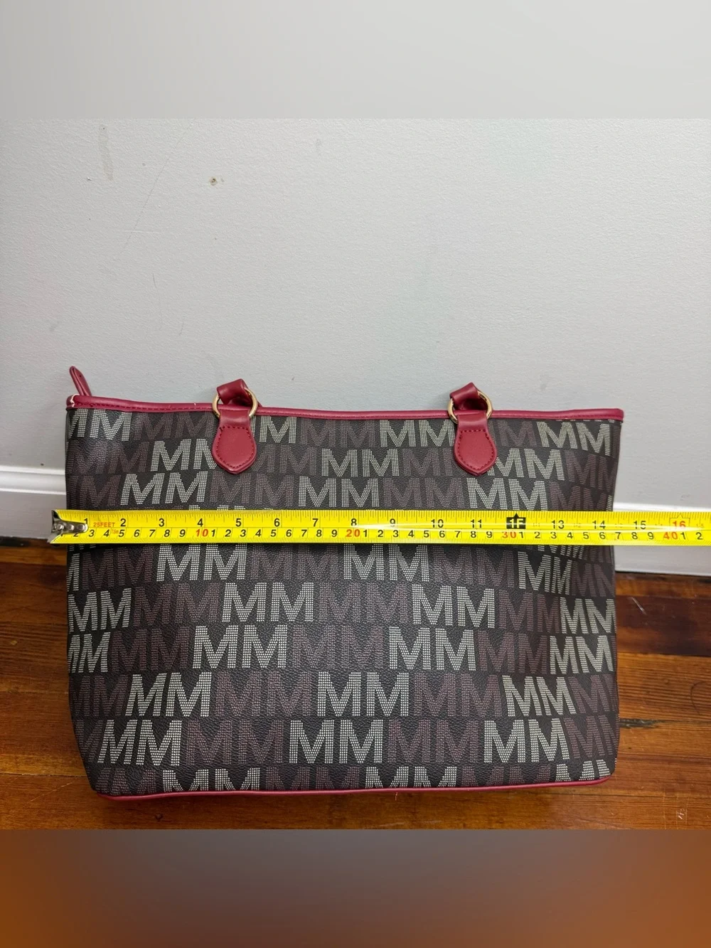 Monogram Tote with Burgundy Trim and Gold Accent